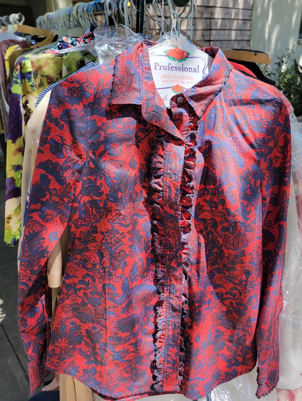 Red & Navy Ruffled Button-Up Blouse